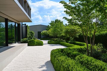 Naklejka premium A modern garden with clean lines, green hedges and trees, featuring white gravel paths leading to the entrance of an architectural home. The scene is captured in bright daylight.