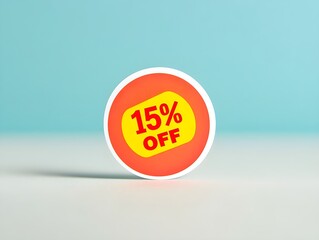 A red circular sticker with the text "15% OFF" in bold yellow font on a plain white background