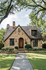 an elegant, traditional cottage in Dallas, Texas with brown stone exterior walls and black windows, nestled amidst lush greenery under the shade of oak trees. The front yard features ornamental grass.