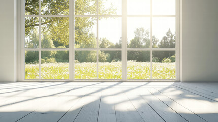 A large window in an empty room with white walls and light wood flooring, looking out onto trees and grass outside