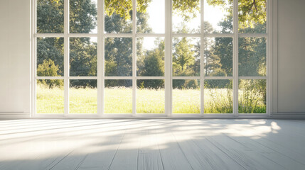 A large window in an empty room with white walls and light wood flooring, looking out onto trees and grass outside