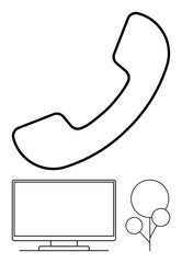 Phone handset, computer monitor, and balloons. Ideal for communication, technology, celebrations, business, digital interaction festivities party themes. Line metaphor