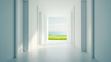 3D rendering of a white hallway with doors leading to a green field and a sea view, in a minimalistic style, with bright lighting