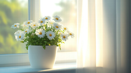 Fototapeta premium A white ceramic pot with daisies on the windowsill, sunlight shining through the window onto it