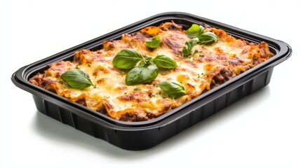 Delicious Baked Lasagna with Fresh Basil in Black Takeout Container