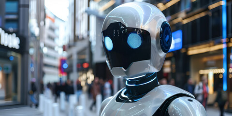 Fototapeta premium Humanlike Robots in Urban Environments, Advanced AI-Powered Robotic Systems