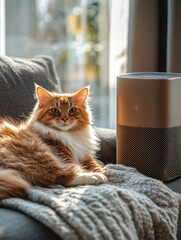 Relaxed Cat Lying Next to a Modern Smart Speaker
