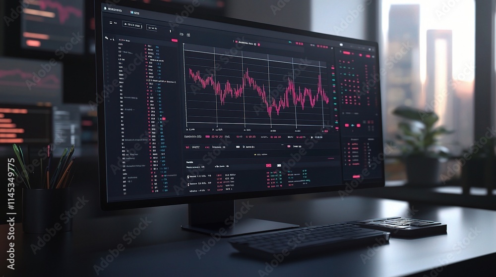 Poster modern trader interface with dynamic data display on computer screen