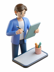 Writer Using Digital Pen on Tablet in Minimalist Workspace with Copy Space