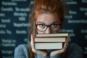 Woman with glasses holding books in front of her face against a blackboard background, conveying themes of learning, education, and knowledge