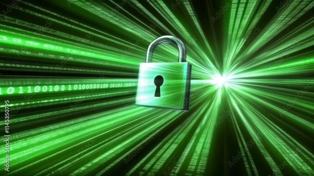 Poster a silver padlock hovers against a backdrop of rapidly moving green binary code streams converging to