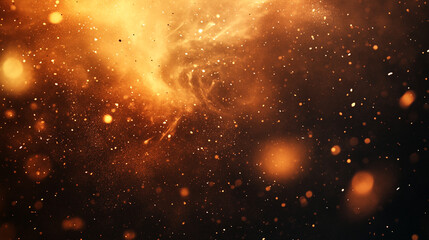 Golden Sand Explosion on Dark texture, Elegant golden dust floating through the darkness of space with various small particles, Dramatic Orange and brown Dust Cloud with randomized floating particles.