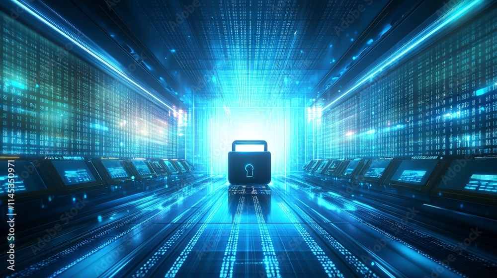 Poster a futuristic server room with glowing blue binary code streams and a central padlock icon symbolizes