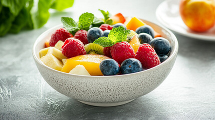 healthy food background with a table featuring bowls of breakfast, superfoods, and antioxidant-rich fruits and vegetables. Symbolizing wellness, nutrition, and vibrant, balanced eating