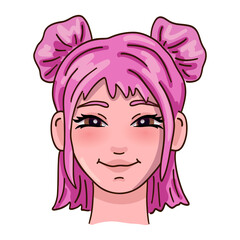 Smiling female person head with pink hair. Vector illustration.
