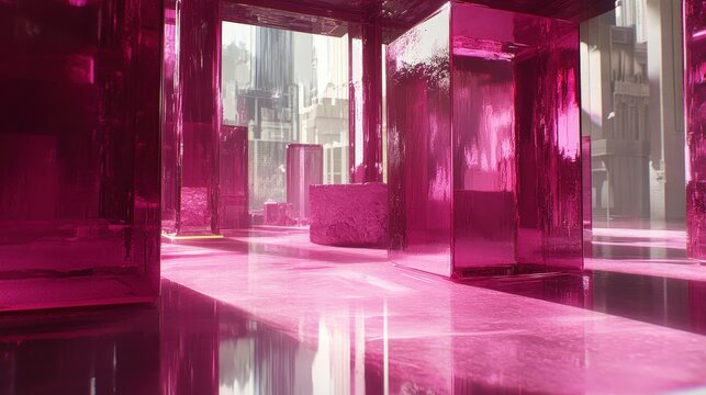 A futuristic pink glass structure stands in an empty urban area. The reflective surfaces and light create an ethereal atmosphere.