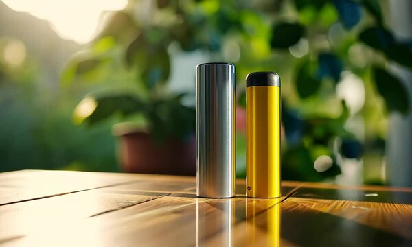 Two vaping devices, one silver and yellow, on wooden surface with blurred green background
