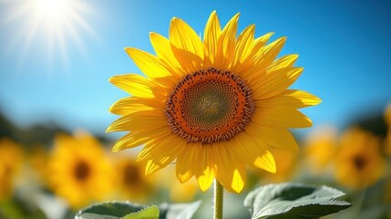 Vibrant sunflower in a field under bright sunlight.