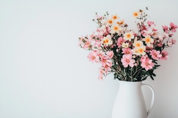 Fototapeta premium Pastel pink and yellow flowers in a white vase against a white wall.