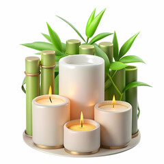 Glossy background with aromatherapy candles and essential oil bottles copy space above. concept as Luxurious glossy background featuring aromatherapy candles and essential oil bottles arranged stylish