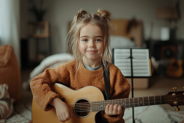 Fototapeta premium A Young Girl's Musical Journey: Learning and Growing with the Guitar. #music #guitar #children #learning