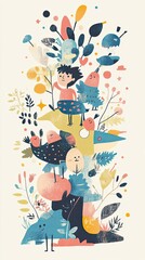 Naklejka premium Children Playing Amongst Colorful Abstract Flora