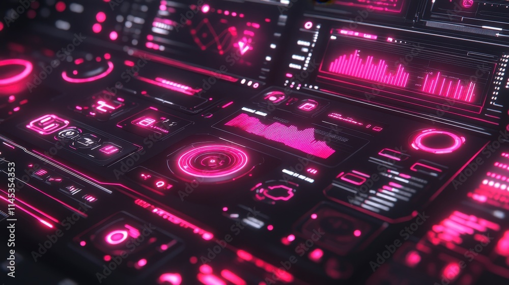 Poster a futuristic control panel glows with vibrant pink neon lights. complex data visualizations and inte
