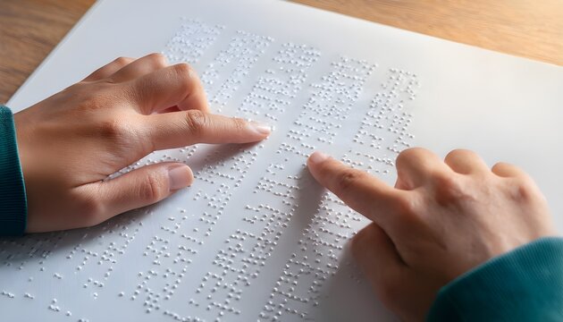 World Braille Day, Hands of a blind person reading from a book in Braille