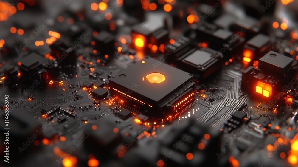 Poster close-up of a futuristic circuit board with glowing orange components. the intricate details and dar