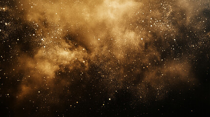 Dramatic Orange and brown Dust Cloud with randomized floating particles, Golden Sand Explosion on Dark texture, Elegant golden dust floating through the darkness of space with various small particles.