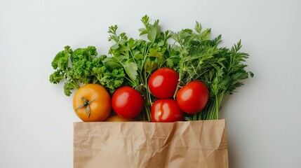Fresh tomatoes and herbs in a paper bag.