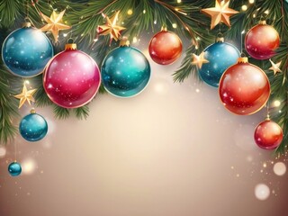 Christmas greeting holiday card template banner design with place for text. Balls on Christmas tree branch, stars, ribbons and light. Merry Christmas and Happy New Year 2025