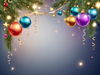 Christmas greeting holiday card template banner design with place for text. Balls on Christmas tree branch, stars, ribbons and light. Merry Christmas and Happy New Year 2025