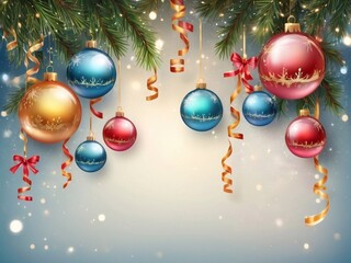 Christmas greeting holiday card template banner design with place for text. Balls on Christmas tree branch, stars, ribbons and light. Merry Christmas and Happy New Year 2025