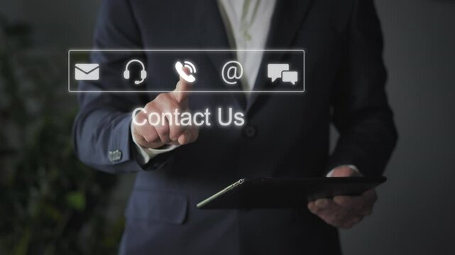business man contact customer support touching virtual screen app,online help desk consultation