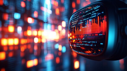 VR headset displays data, graphs, and code against a blurred server room background.