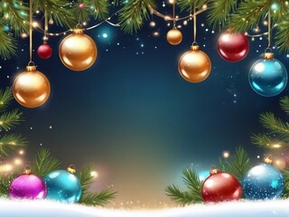 Christmas greeting holiday card template banner design with place for text. Balls on Christmas tree branch, stars, ribbons and light. Merry Christmas and Happy New Year 2025