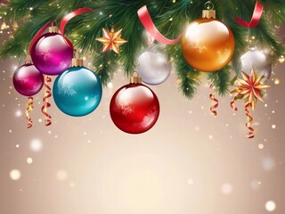 Naklejka premium Christmas greeting holiday card template banner design with place for text. Balls on Christmas tree branch, stars, ribbons and light. Merry Christmas and Happy New Year 2025