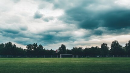 Obraz premium Serene Soccer Field Under Dramatic Cloudy Sky Before Storm