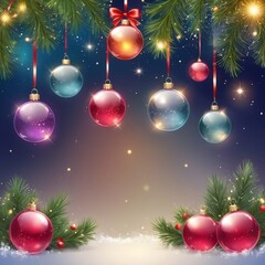 Christmas greeting holiday card template banner design with place for text. Balls on Christmas tree branch, stars, ribbons and light. Merry Christmas and Happy New Year 2025