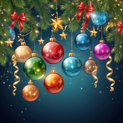 Christmas greeting holiday card template banner design with place for text. Balls on Christmas tree branch, stars, ribbons and light. Merry Christmas and Happy New Year 2025