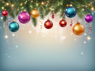 Christmas greeting holiday card template banner design with place for text. Balls on Christmas tree branch, stars, ribbons and light. Merry Christmas and Happy New Year 2025