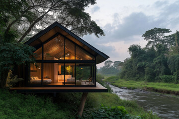 Modern Cabin Retreat: Immerse yourself in the tranquility of nature with this stunning modern cabin nestled amidst lush greenery.