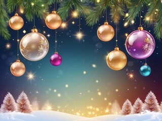 Christmas greeting holiday card template banner design with place for text. Balls on Christmas tree branch, stars, ribbons and light. Merry Christmas and Happy New Year 2025