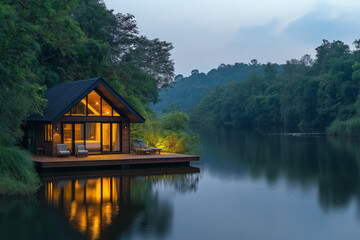 Fototapeta premium Secluded Lakeside Cabin Retreat: A charming wooden cabin on a tranquil lake, bathed in the soft glow of twilight.