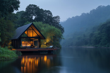 Fototapeta premium Secluded Serenity: A modern cabin nestled on a tranquil lake, bathed in the soft glow of twilight, offers a sanctuary from the hustle and bustle.