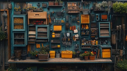 Organized gardening tools and supplies on a rustic teal wall and work bench.
