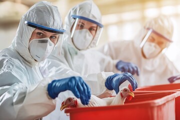 Biohazard team cautiously removing contaminated poultry from barn to hazardous waste bins