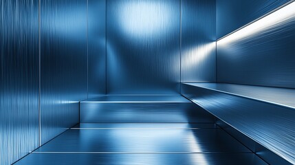 Obraz premium Blue metallic room interior with shelves and lighting.