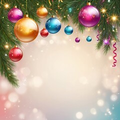 Christmas greeting holiday card template banner design with place for text. Balls on Christmas tree branch, stars, ribbons and light. Merry Christmas and Happy New Year 2025